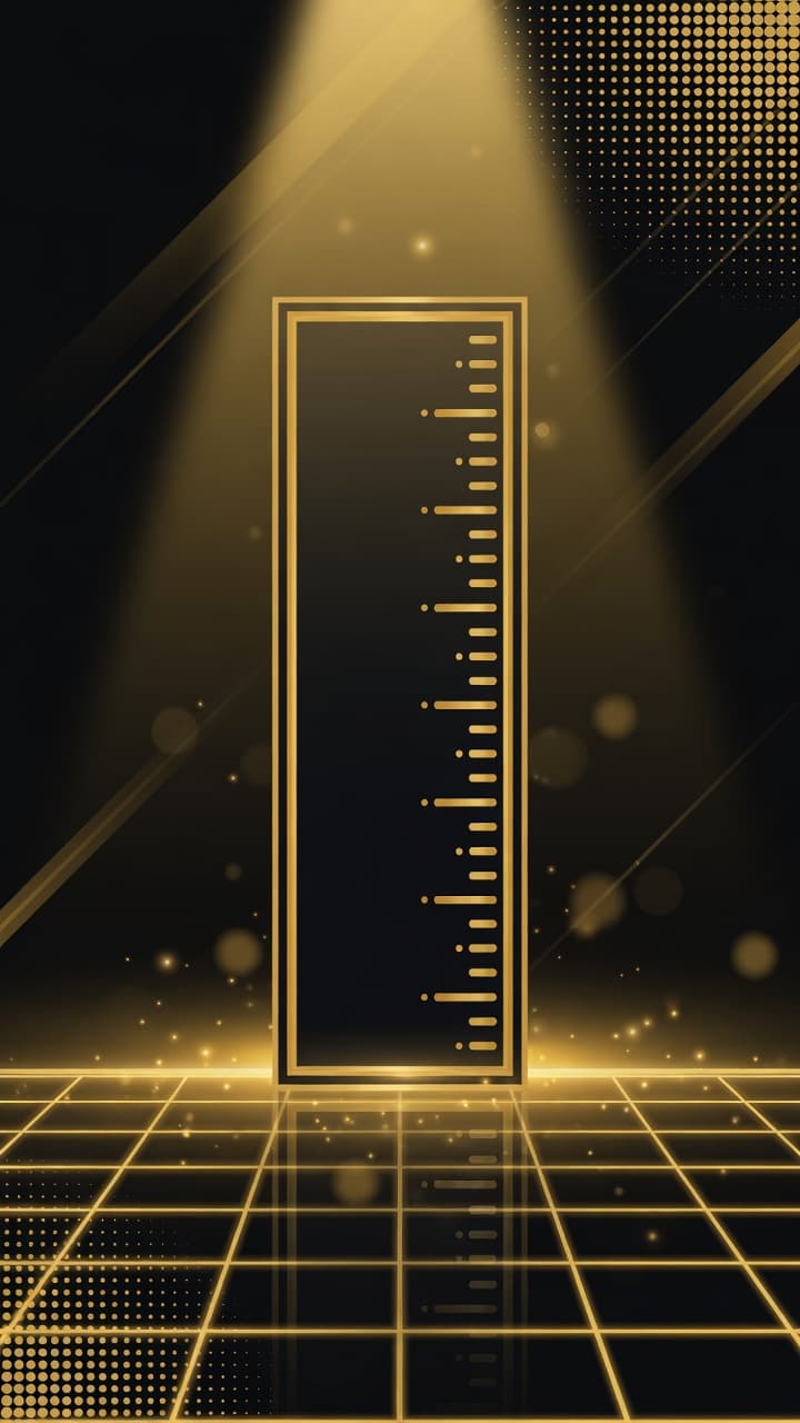 A tall measuring rail with gold tick marks on a dark wall